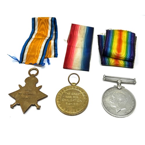 354 - WW.I 1914-15 Star Trio. & Original Ribbons Named. 20588 Pte. W. Edwards S. Lancs