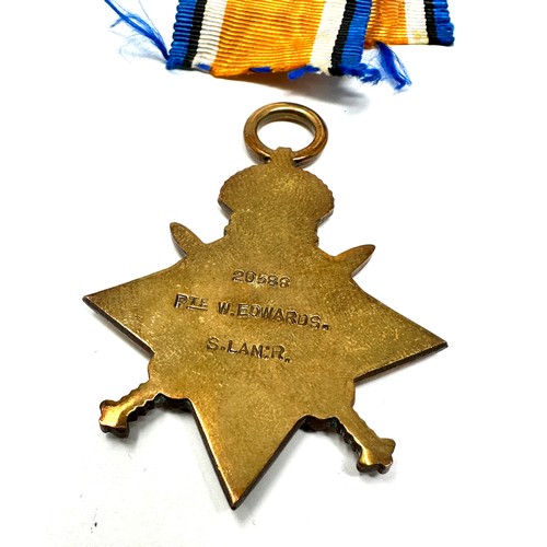 354 - WW.I 1914-15 Star Trio. & Original Ribbons Named. 20588 Pte. W. Edwards S. Lancs