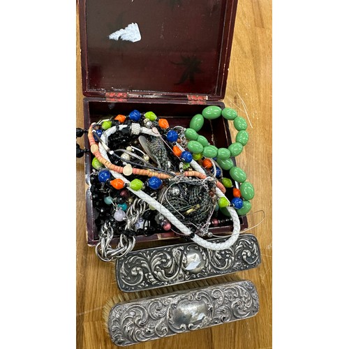 447 - Selection of costume jewellery and 2 vintage silver brushes