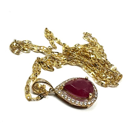 113 - 9ct gold glass filled ruby & white gemstone cluster pendant necklace (1.8g)