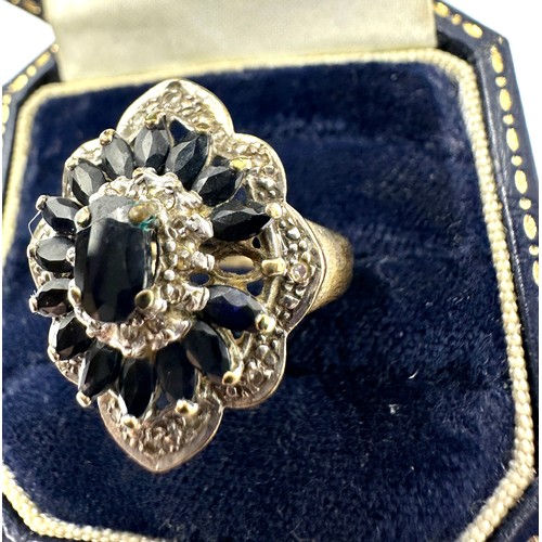 184 - 9ct gold diamond & sapphire cluster cocktail ring - as seen missing stone (5.6g)