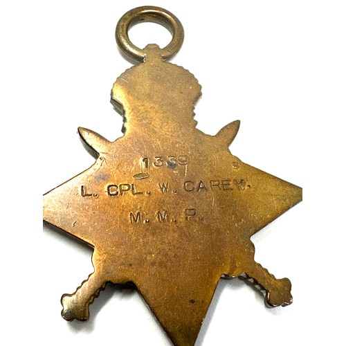 356 - WW.I 1914-15 Star Trio. Named. 1339 L. Cpl. W. Carey. M.M.P