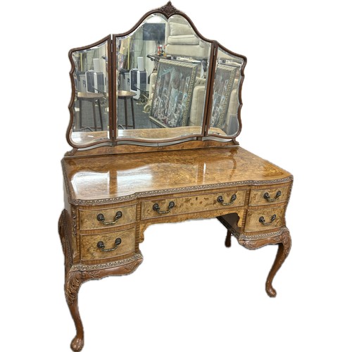 354 - Burr walnut queen anne dressing table with triple mirror 64 inches tall 45 inches wide