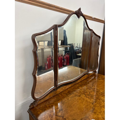 354 - Burr walnut queen anne dressing table with triple mirror 64 inches tall 45 inches wide