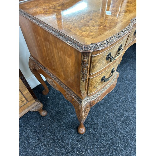 354 - Burr walnut queen anne dressing table with triple mirror 64 inches tall 45 inches wide