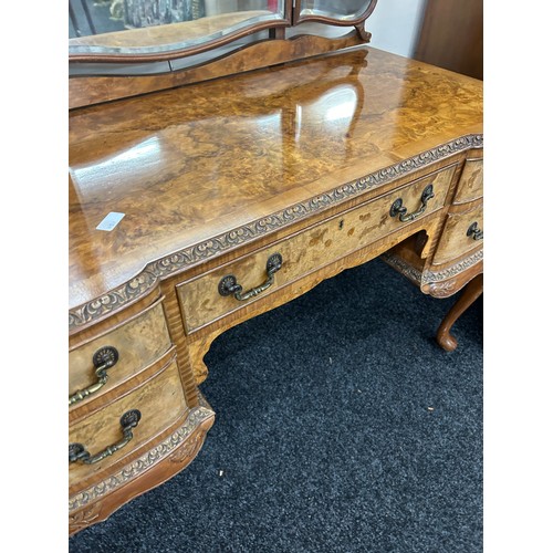 354 - Burr walnut queen anne dressing table with triple mirror 64 inches tall 45 inches wide