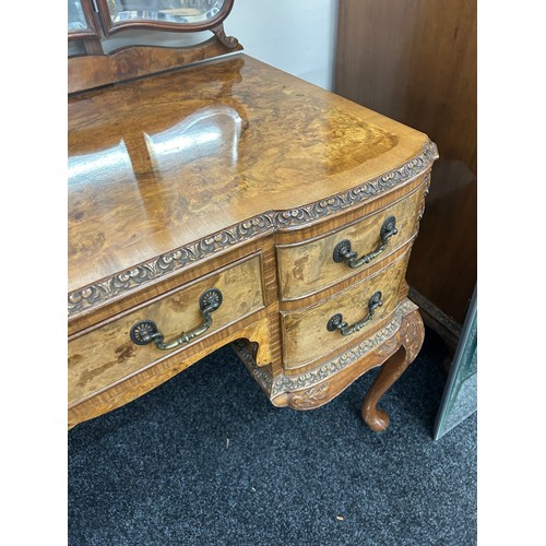 354 - Burr walnut queen anne dressing table with triple mirror 64 inches tall 45 inches wide