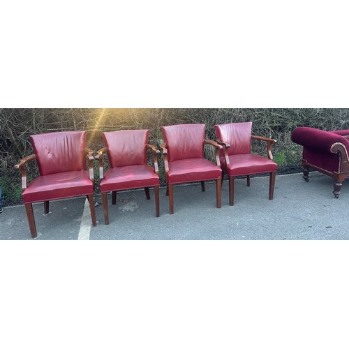 341 - Set of 4 antique board room chairs mahogany and red leather