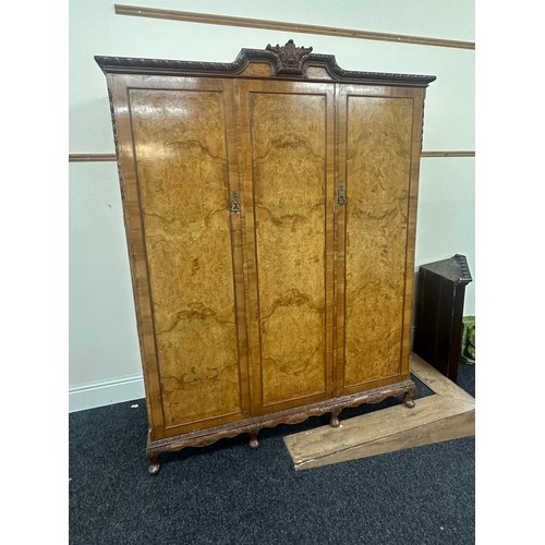 355 - Burr Walnut queen anne 3 door wardrobe with mirror inside measures approximately 80 inches tall 60 i... 