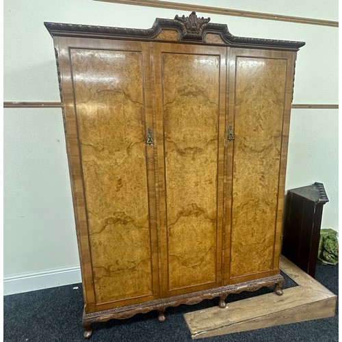 355 - Burr Walnut queen anne 3 door wardrobe with mirror inside measures approximately 80 inches tall 60 i... 