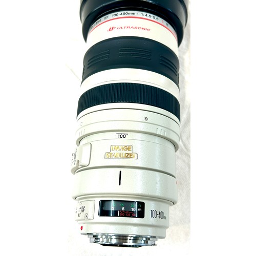 486 - Canon EF 100-400mm Image Stabiliser F4.5-5.6 L IS USM Lens Caps and Hood EOS wit tripod mount ring, ... 