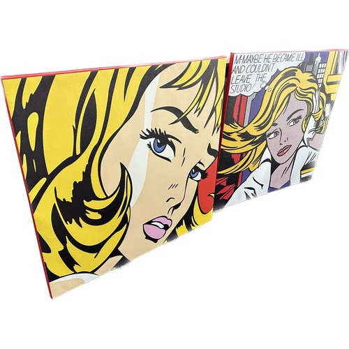 131 - 2 Large Roy Lichtenstein canvas retro pop art prints measures approximately 32 inches square