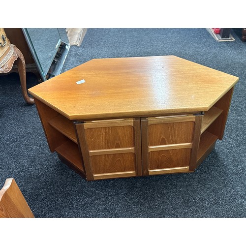 346 - 2 Door teak tv unit measures approximately 20 inches tall 31 inches wide 19 inches depth