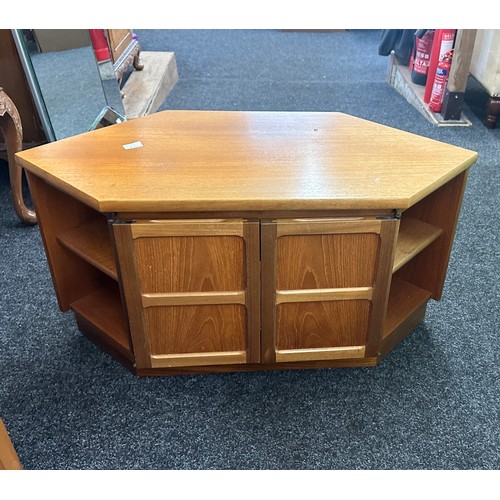 346 - 2 Door teak tv unit measures approximately 20 inches tall 31 inches wide 19 inches depth