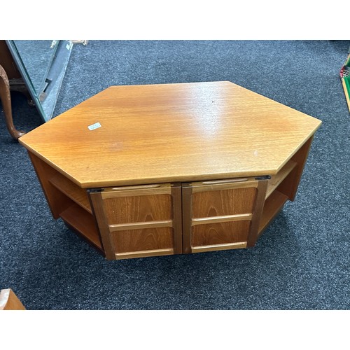 346 - 2 Door teak tv unit measures approximately 20 inches tall 31 inches wide 19 inches depth