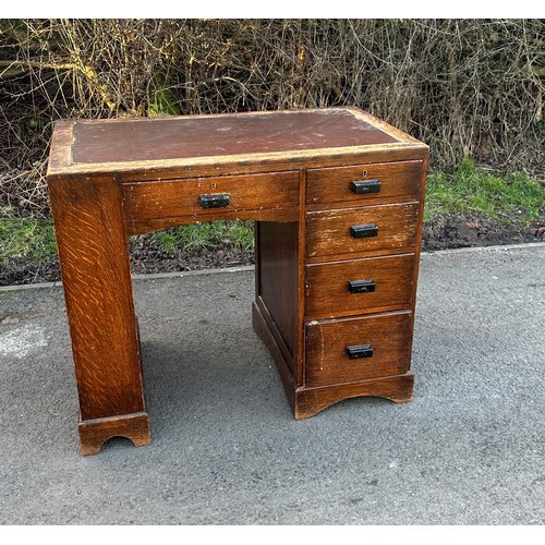 336 - Oak deco five drawer leather topped desk with bookcase to the side measures 30 inches tall 36 inches... 