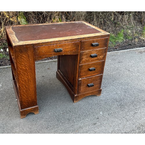 336 - Oak deco five drawer leather topped desk with bookcase to the side measures 30 inches tall 36 inches... 