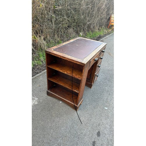 336 - Oak deco five drawer leather topped desk with bookcase to the side measures 30 inches tall 36 inches... 