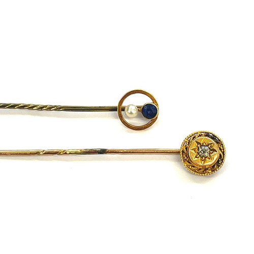 405 - 2 x 15ct gold topped antique gemstone and pearl stick pins