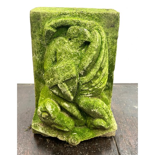 358 - Antique carved stone Corbel - carved with a depiction of St George and the dragon 10 inches wide 14 ... 