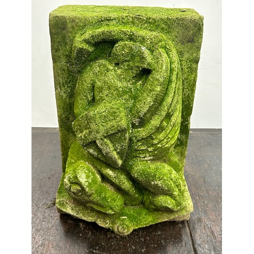 358 - Antique carved stone Corbel - carved with a depiction of St George and the dragon 10 inches wide 14 ... 