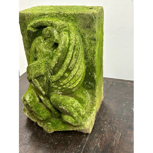 358 - Antique carved stone Corbel - carved with a depiction of St George and the dragon 10 inches wide 14 ... 