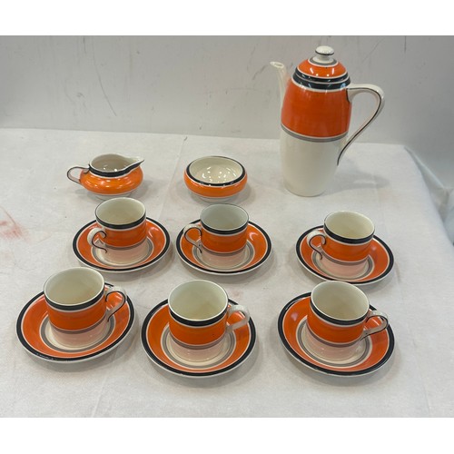 624 - Hand painted Grays pottery Hanley coffee set - handle to one cup has not got the black line painted ... 