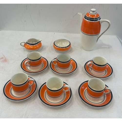 624 - Hand painted Grays pottery Hanley coffee set - handle to one cup has not got the black line painted ... 