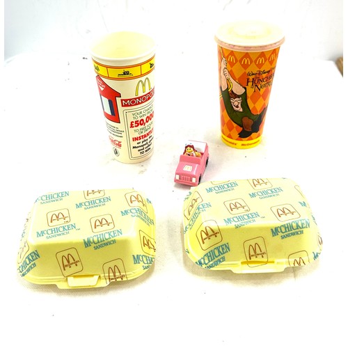 183 - Selection of vintage mcdonalds memorabilia includes cups, mc chicken boxes and a toy