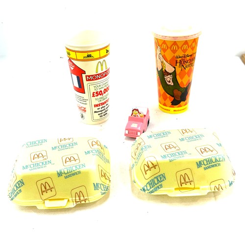 183 - Selection of vintage mcdonalds memorabilia includes cups, mc chicken boxes and a toy