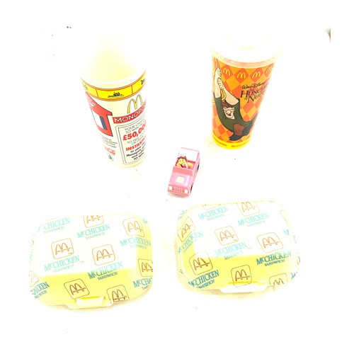 183 - Selection of vintage mcdonalds memorabilia includes cups, mc chicken boxes and a toy