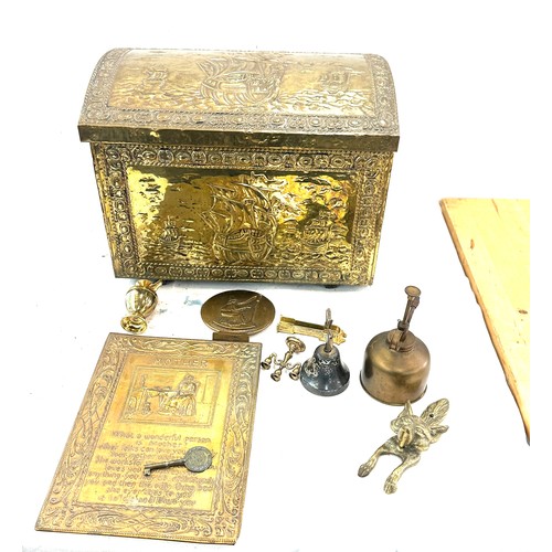 296 - Brass slipper box with a selection of brass ware