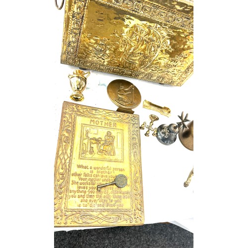 296 - Brass slipper box with a selection of brass ware