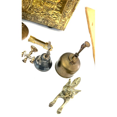 296 - Brass slipper box with a selection of brass ware