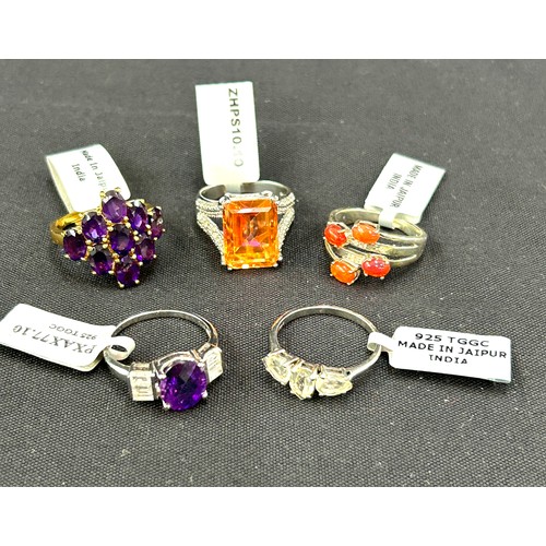 505 - Selection of 5 ladies Gempori stone set silver rings, ring size T/U, all with COA