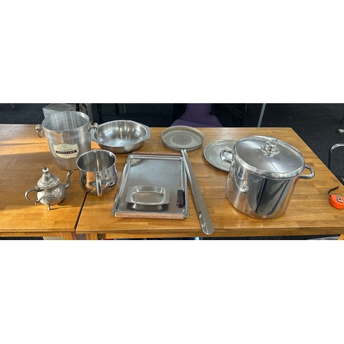 256 - Selection of metal ware includes ice bucket, trays etc