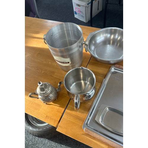 256 - Selection of metal ware includes ice bucket, trays etc