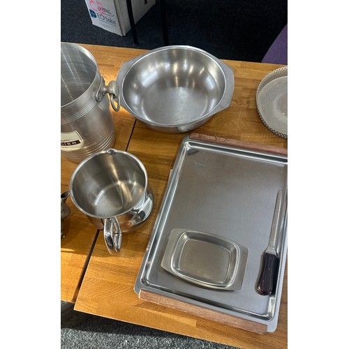 256 - Selection of metal ware includes ice bucket, trays etc