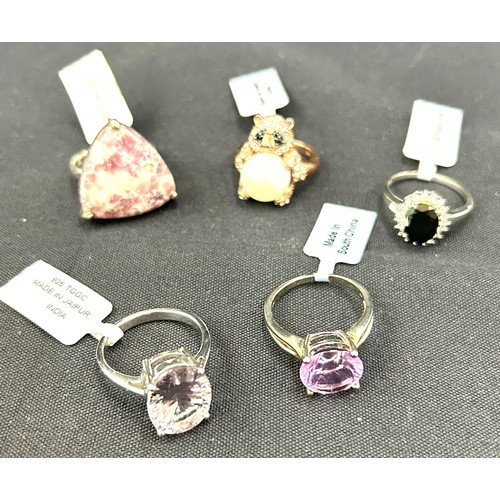 504 - Selection of 5 ladies Gempori stone set silver rings, ring size T/U, all with COA