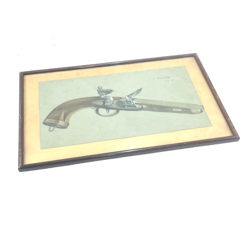 66 - Signed framed drawing of a gun, dated 1911, frame measures approximately