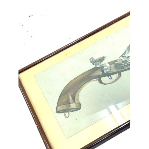 66 - Signed framed drawing of a gun, dated 1911, frame measures approximately