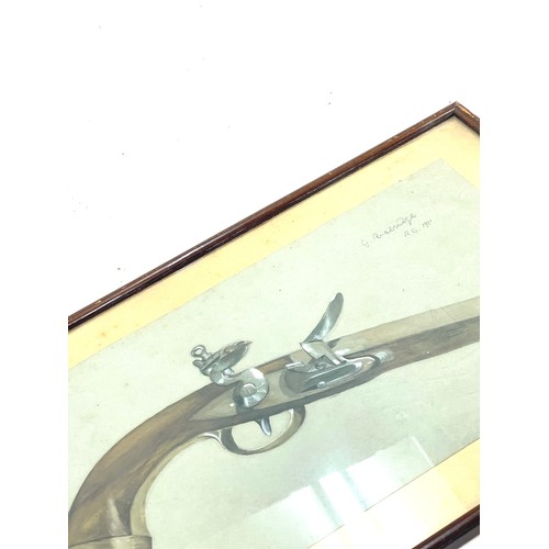 66 - Signed framed drawing of a gun, dated 1911, frame measures approximately