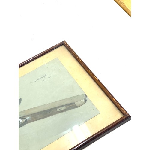 66 - Signed framed drawing of a gun, dated 1911, frame measures approximately