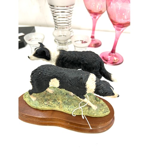 201 - Selection of collectables to include coloured glassware, border fine art Collie, desk tidy etc