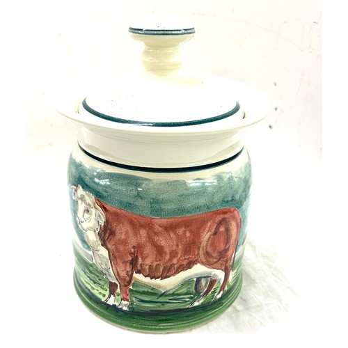 144 - Iden pottery hand painted bull cooking jar, signed, overall height 12 inches