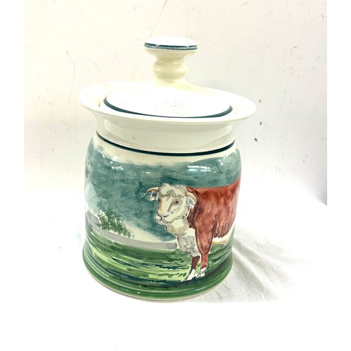 144 - Iden pottery hand painted bull cooking jar, signed, overall height 12 inches