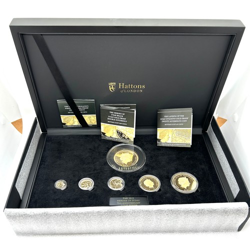 Cased Hattons 22ct 2019 Heros of D Day 75th Anniversary gold prestige sovereign proof set, set includes 20 Sovereign coin / $100, 5 Sovereign coin / $10, Double Sovereign coin / $20, Sovereign coin $10, Half sovereign $5,  Quarter sovereign $2.5