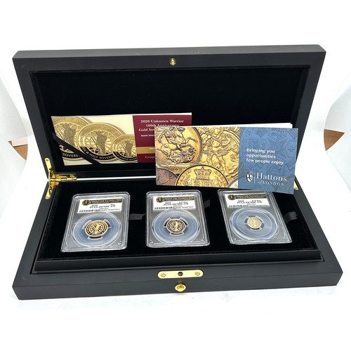 410 - Cased Hattons 2020 22 carat Unknown warrior 100th anniversary gold deluxe sovereign proof set, coins... 