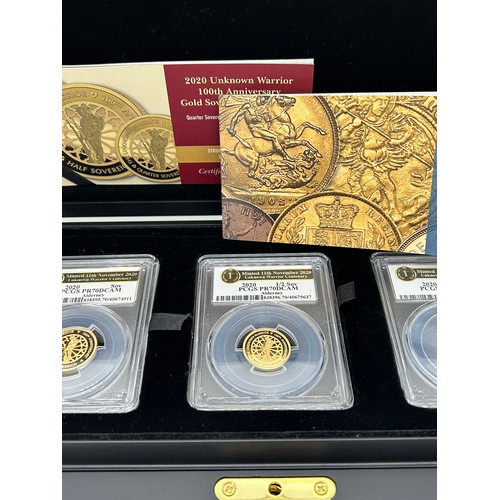 410 - Cased Hattons 2020 22 carat Unknown warrior 100th anniversary gold deluxe sovereign proof set, coins... 