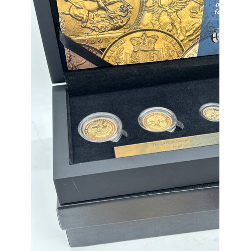 420 - Cased Hatton 22 carat 2022 St George and the Dragon  Bi-Metallic gold deluxe sovereign proof set inc... 